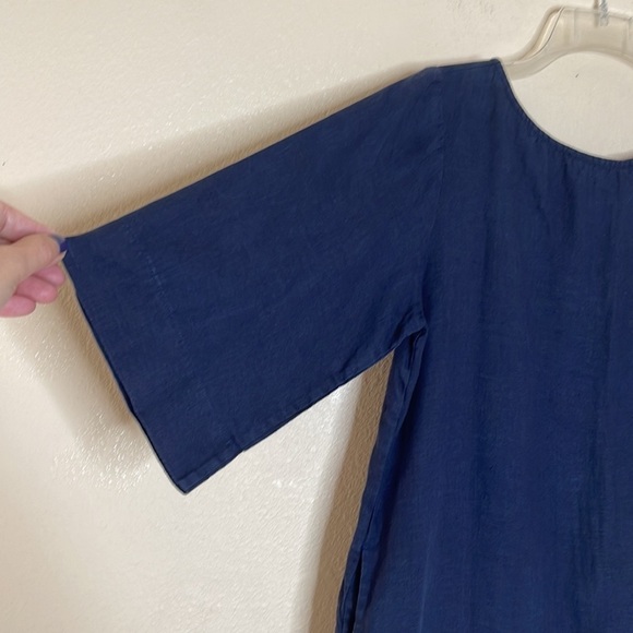 Roller Rabbit Lorena Navy 100% Linen Shift Dress 3/4 Sleeves Lined Pockets Small - Picture 3 of 10